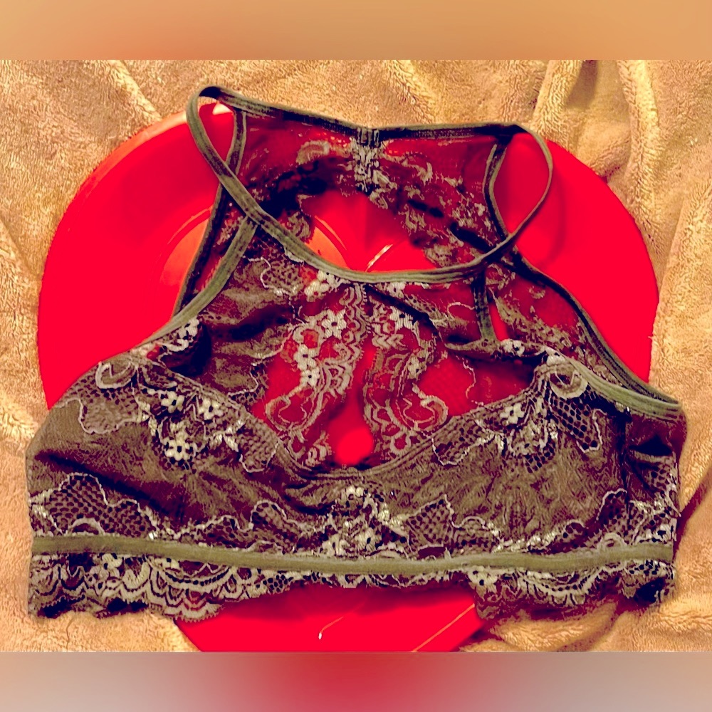 Dark Green Mod Lace Bra, Size Small